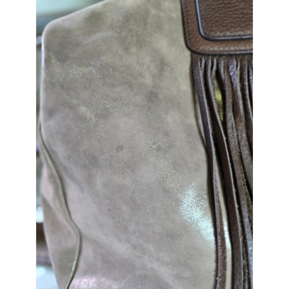 HOBO Taupe Metallic Leather Fringe Satchel Crossbody Velvet Hide Leather Western - Picture 12 of 16